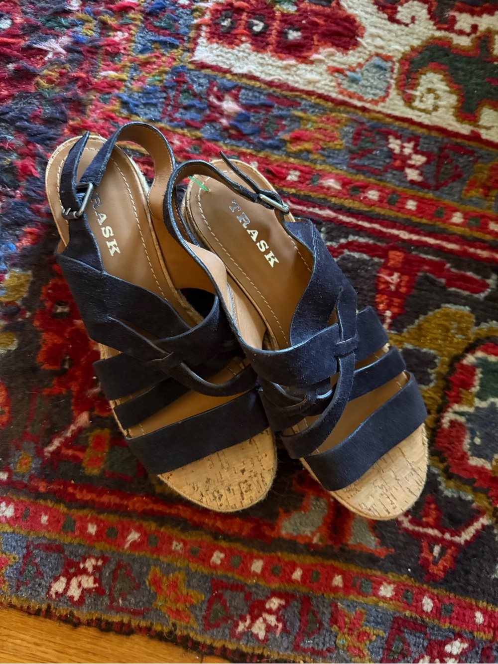 Trask Randi Navy Oiled Suede Espadrille Platform Sandals 9.5